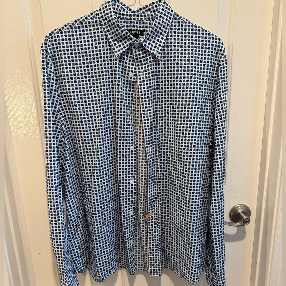 Mens Express Black Blue Checkered Button Down  Shirt Size XL